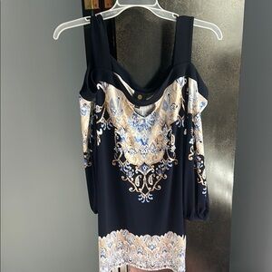 JM Collection Blue and Cream Cold Shoulder Top